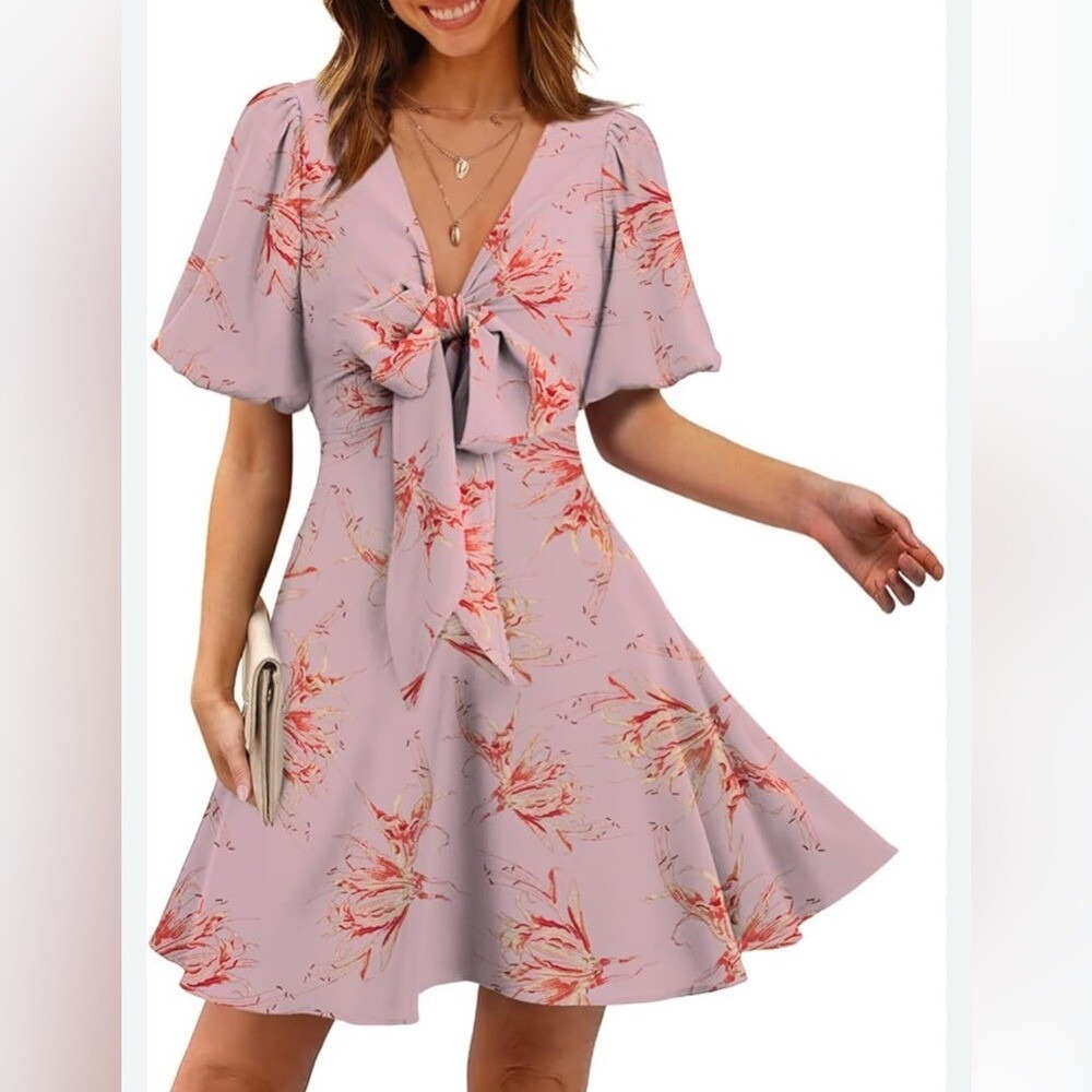 NEW Pink Floral Easter‎ Dress Bow Mini Short Sleeve V Neck Wedding Blush Small